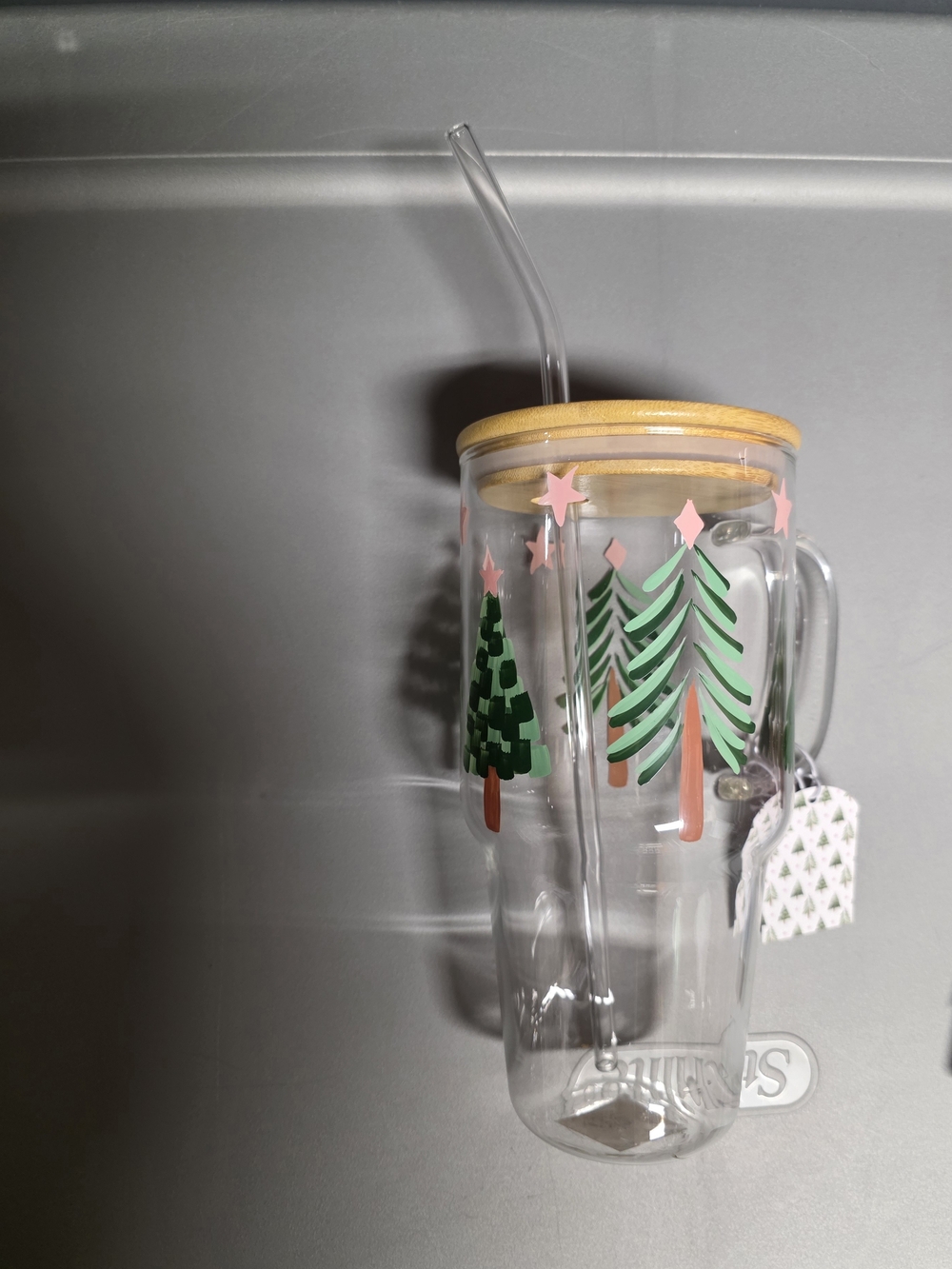 Glass Holiday Tree Tumbler with Straw - Green & Pink